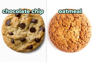 On the left, a chocolate chip cookie, and on the right, an oatmeal cookie