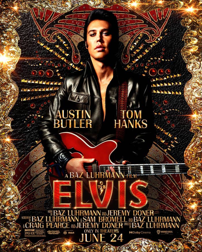 The movie poster for Elvis, which features Austin Butler as Elvis holding a guitar
