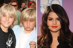 Dylan and Cole Sprouse are on the left with Selena Gomez on the right