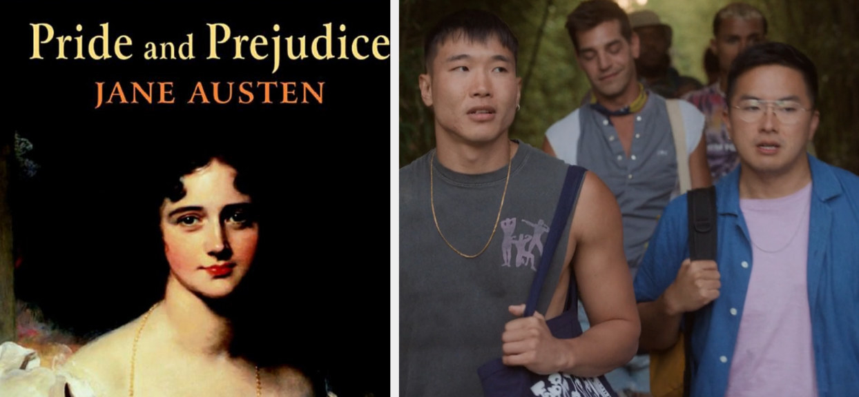 The cover of Pride and Prejudice and cast members of the movie Fire Island