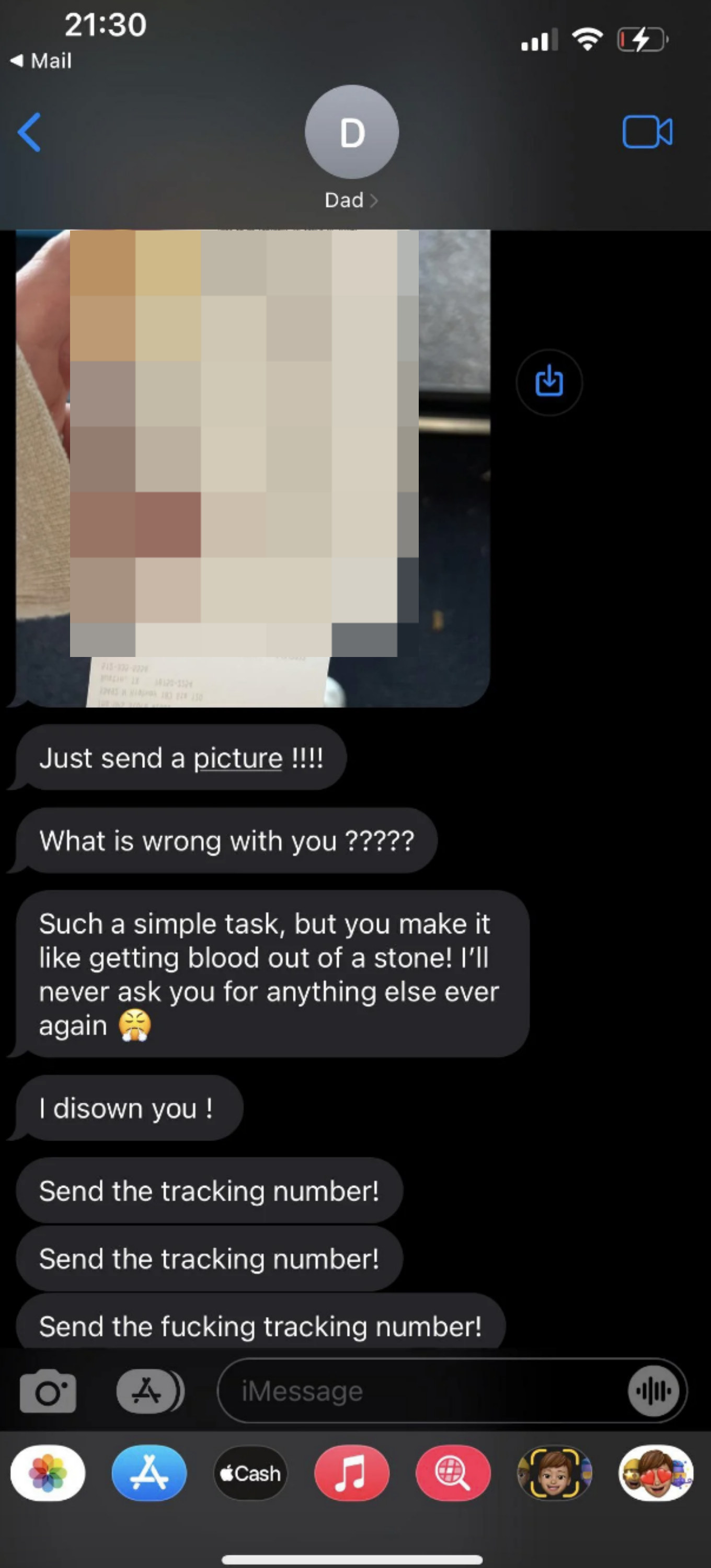 Dad threatening daughter when she wouldn&#x27;t provide him with a package tracking number