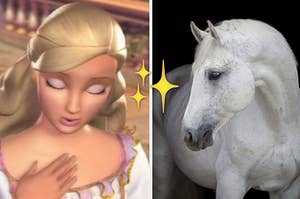 barbie princess and the pauper on the left and a white horse on the right