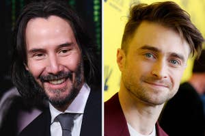 The left image shows Keanu Reeves at the premiere of his movie "The Matrix Resurrection" and the right image shows Daniel Radcliffe at the 2022 SXSW Conference and Festivals premiere event of his movie "The Lost City"