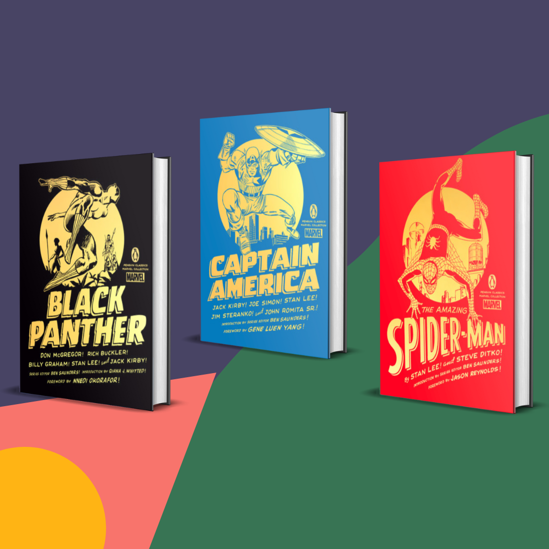 The three comics as book covers