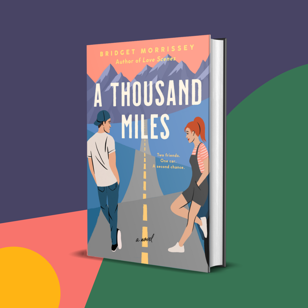 Book cover illustration of a young man and young woman standing on a highway looking at each other