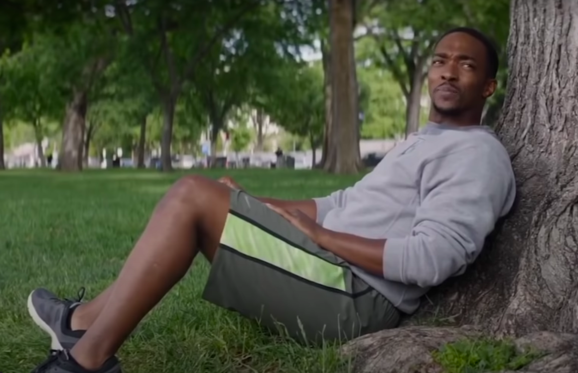 Anthony Mackie sitting down by a tree