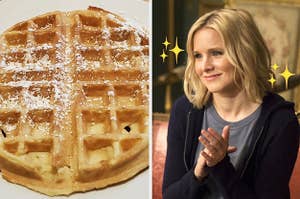 a waffle with powdered sugar on the left and eleanor shellstrop on the right