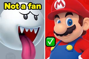 Boo is on the left labeled, "Not a fan" with Mario posing on the right and marked with a check