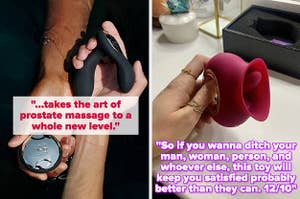 Models holding black prostate vibrator and remote and reviewer holding red tongue vibrator