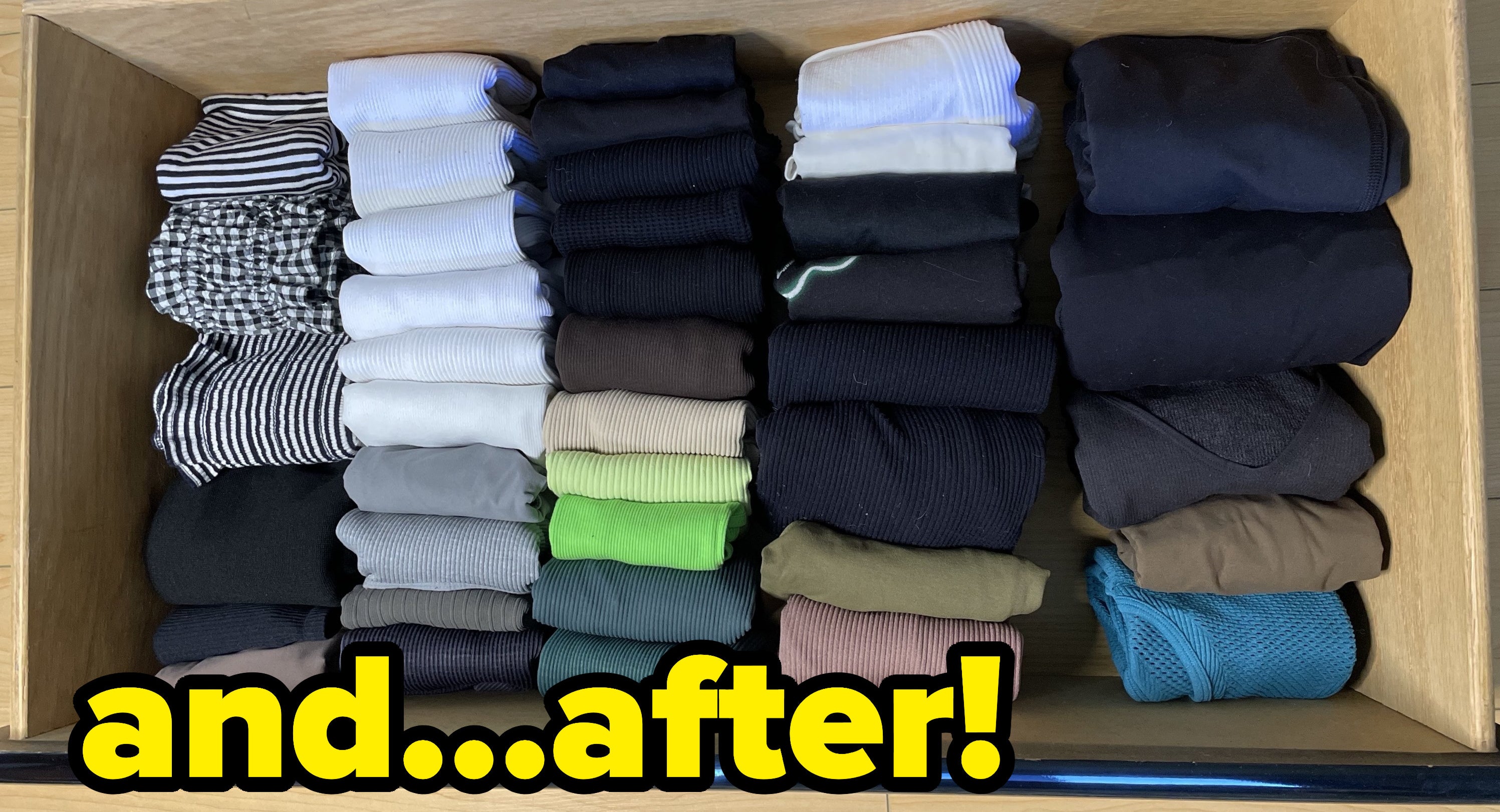 The same clothes neatly folded and placed in organized rows