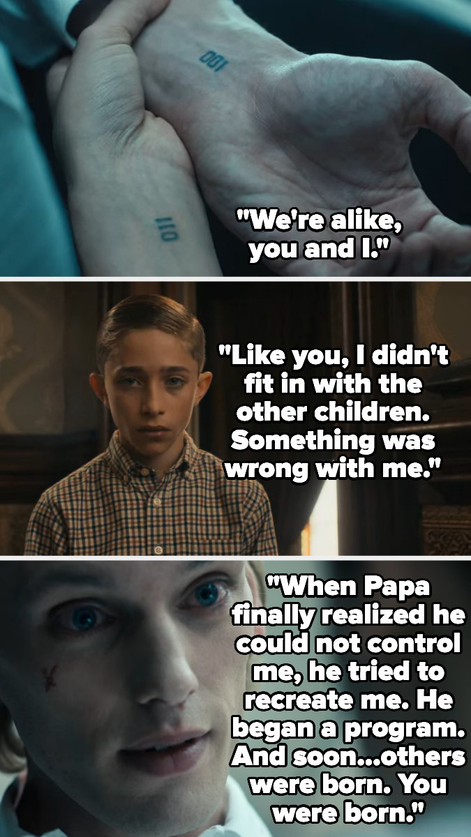 one shows El his 1 tattoo and tells her as a child he didn&#x27;t fit in, and that when papa realized he couldn&#x27;t control him, he tried to recreate him and others, like el, were born