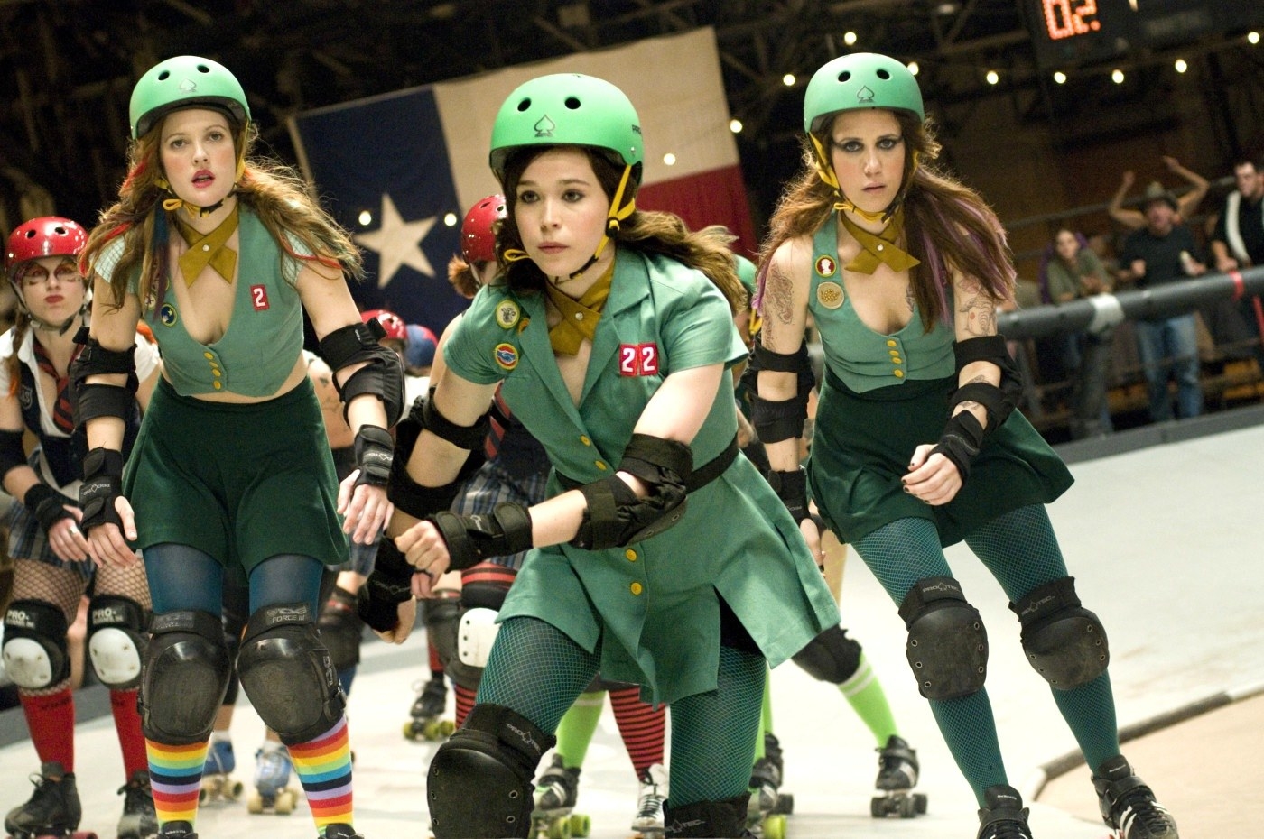 Drew Barrymore, Elliot Page, and Kristin Wiig roller derby