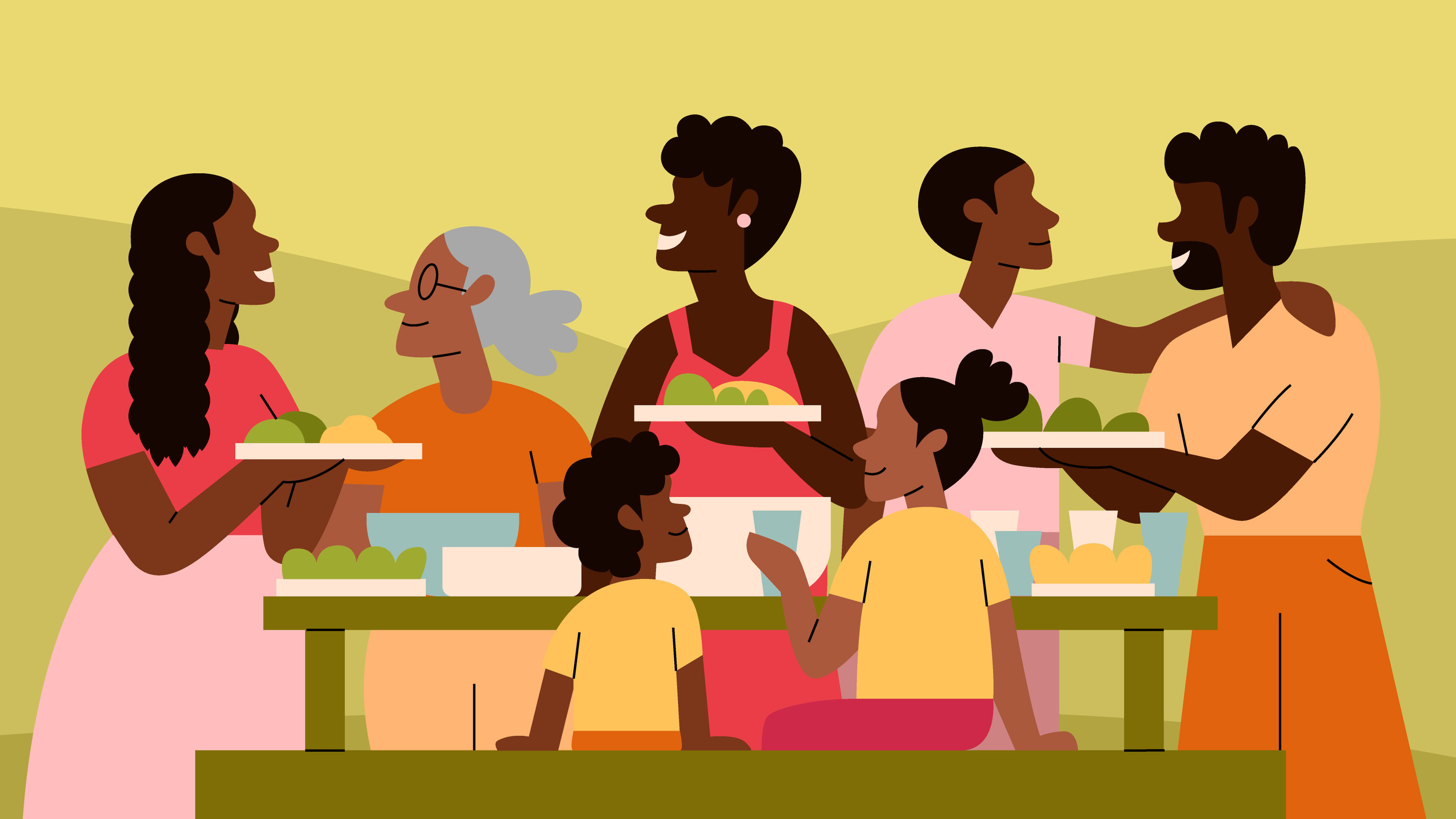 A  digital illustration of a Black family sharing food during a Juneteenth celebration