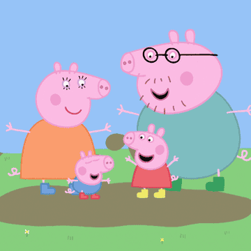 GIF of Peppa Pig and family jumping in muddy puddle