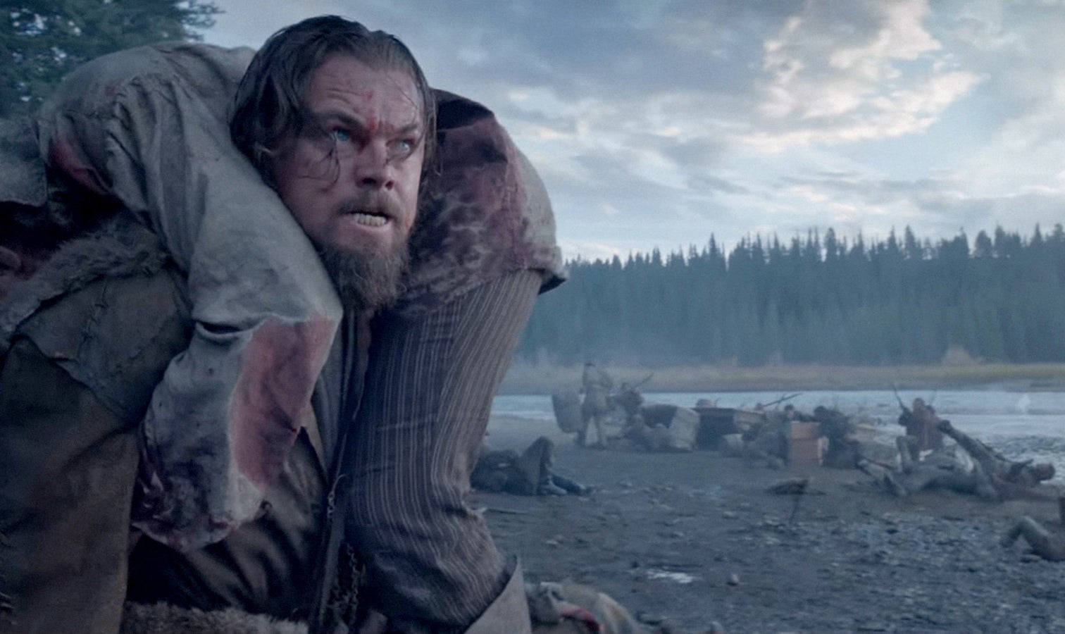 Leonardo DiCaprio carries a body on his back