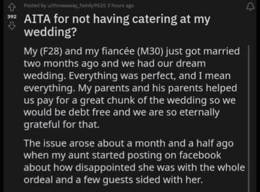 Person asks &quot;AITA for not having catering at my wedding?&quot; and discusses their wedding (F28 and M30) and how perfect it was, except their aunt posted their disappointment on Facebook