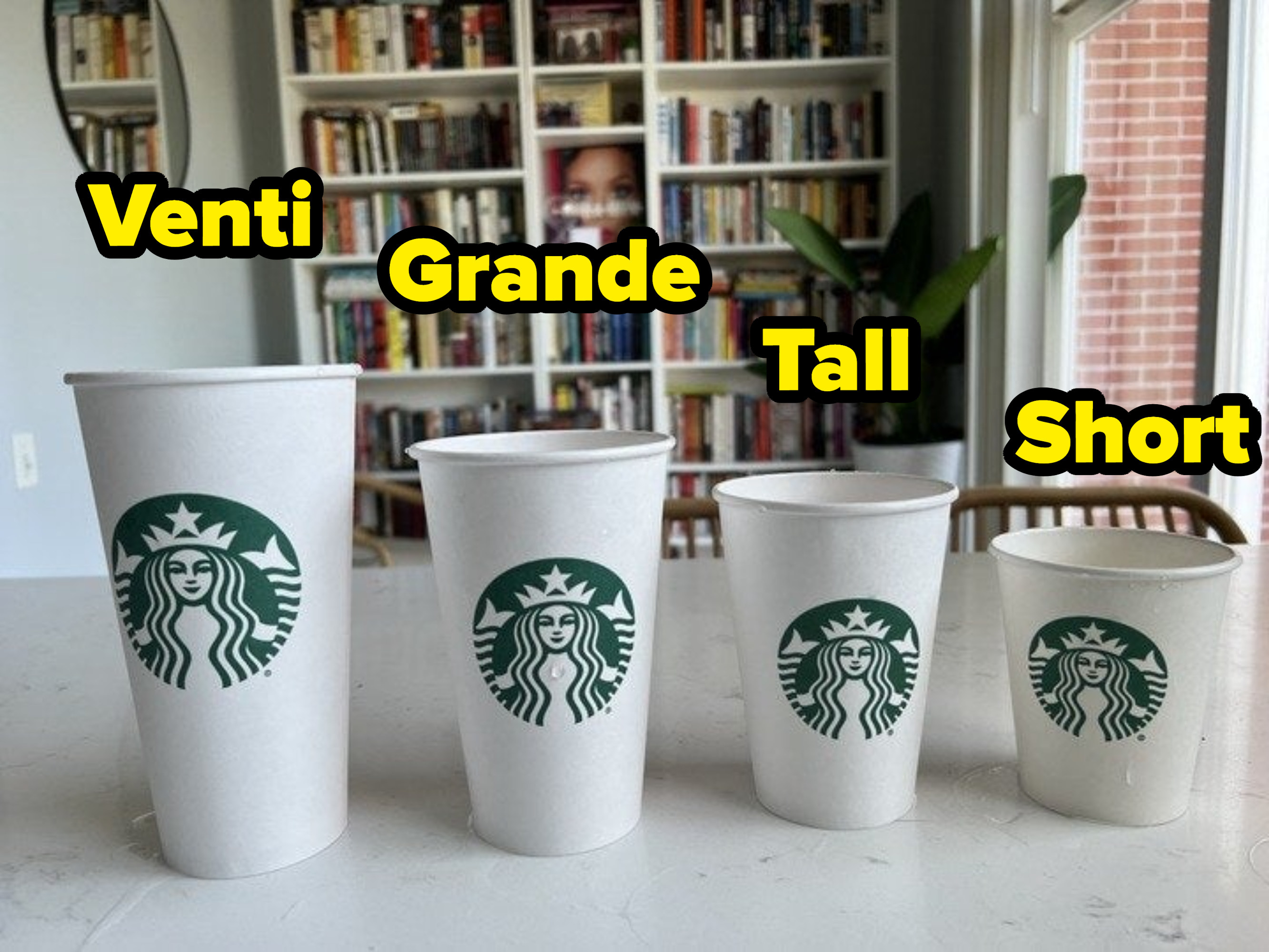 Four Starbucks cups arranged from smallest to largest, with their respective names labeled; all four cups are standing right side up