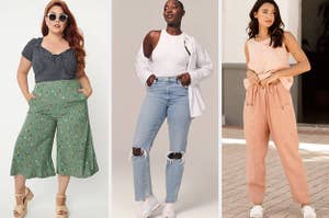  model wearing green culottes with a tennis racket print and a striped top / model wearing ripped jeans and a white tank / model wearing coral pants and a peach top 
