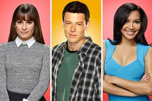 rachel on the left, finn in the middle, and santana on the right