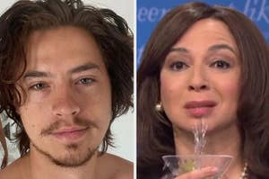 A close up of Cole Sprouse with a beard and Maya Rudolph as she spits out a drink