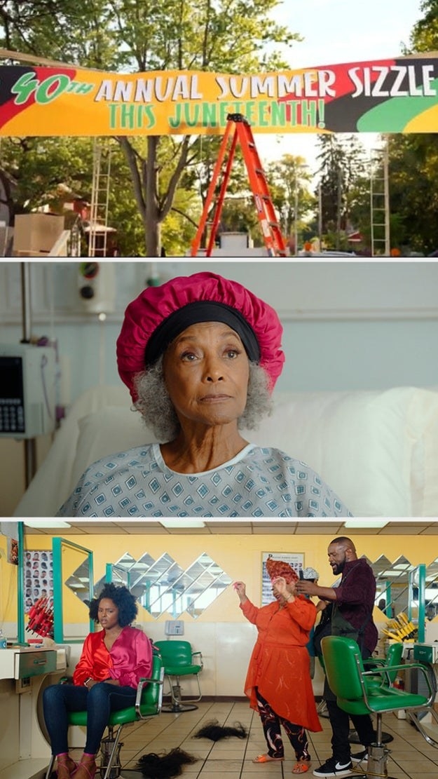 Gign that reads: &#x27;40th annual summer sizzle this juneteenth!&#x27;, woman in hospital gown and bonnet, and people in a barbershop