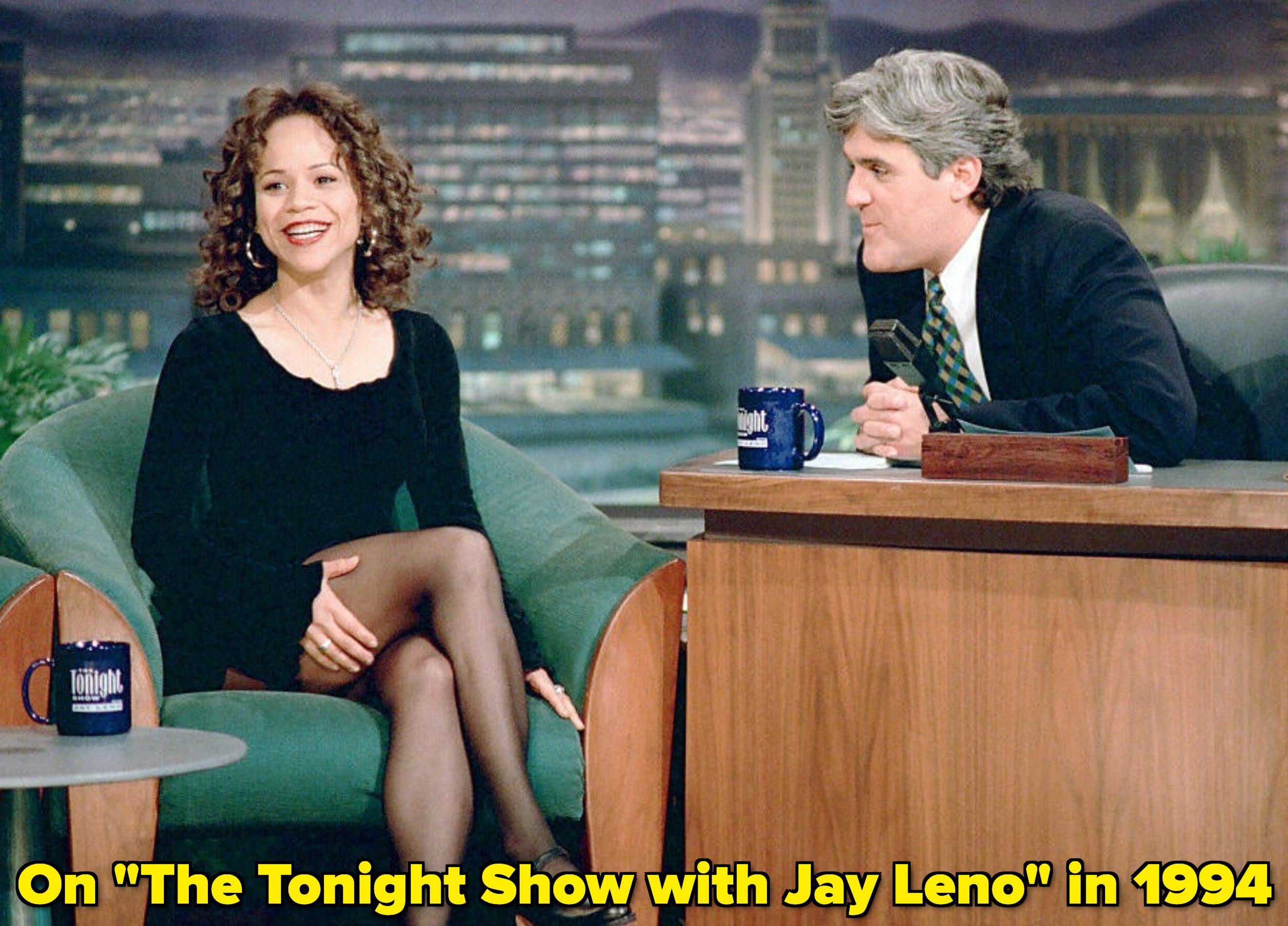 Rosie Perez being interviewed by Jay Leno