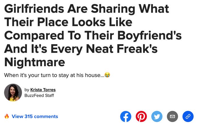 A screenshot of the title of a previous BuzzFeed post saying that girlfriends shared photos of their pristine homes compared to their boyfriends living in filth