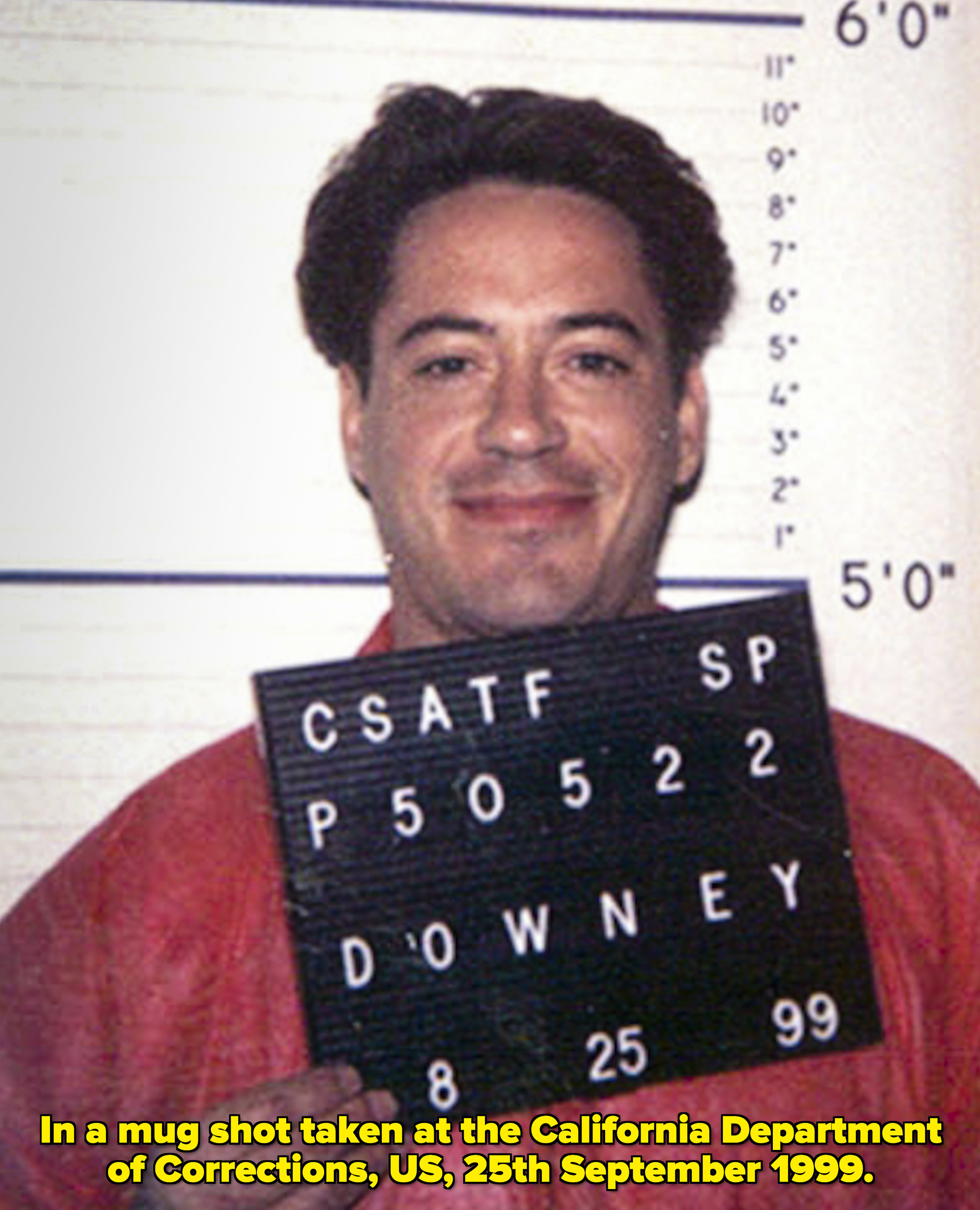 Robert Downey Jr smiling in his mugshot