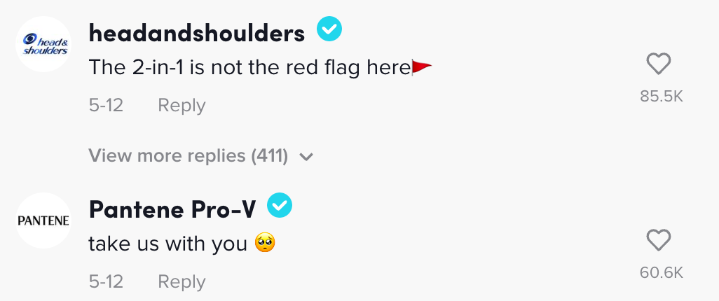 Head and Shoulders commenting that their shampoo is not a red flag, and Pantene saying to take their shampoo with her when she leaves the man