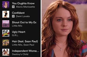 A Spotify playlist of revenge songs and a close up of Cady Heron as she wears a striped shirt