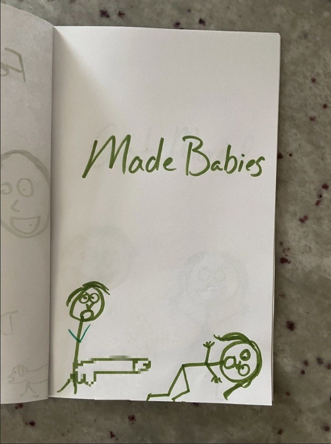 graphic drawing of stick figures with words, made babies