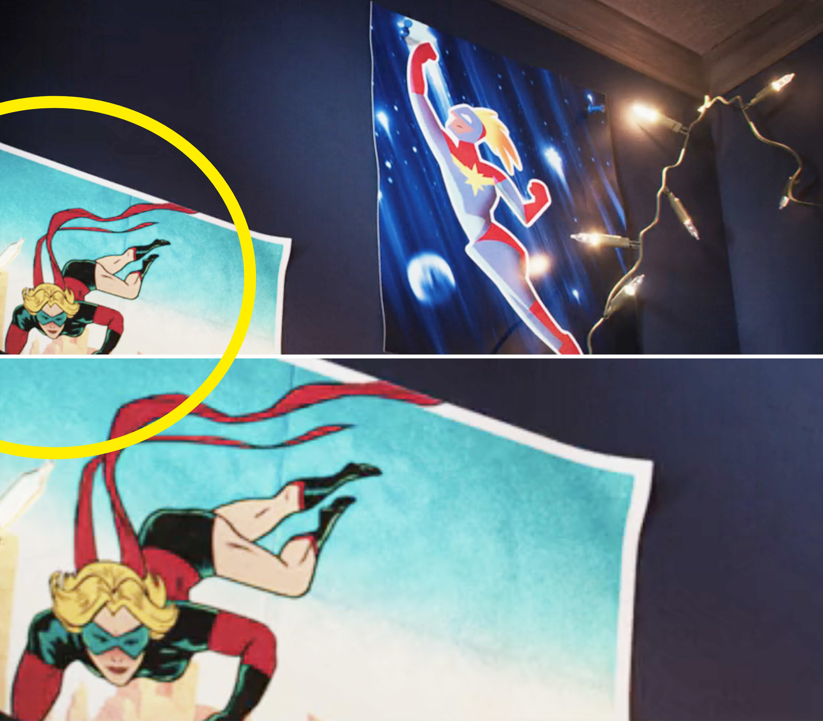 A glimpse of the old costume that features a red and black top with a scarf but no pants, next to the more modern costume that is red and blue with a gold logo