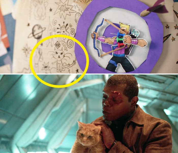 The cat drawing juxtaposed with the actual cat being held and pet by Nick Fury