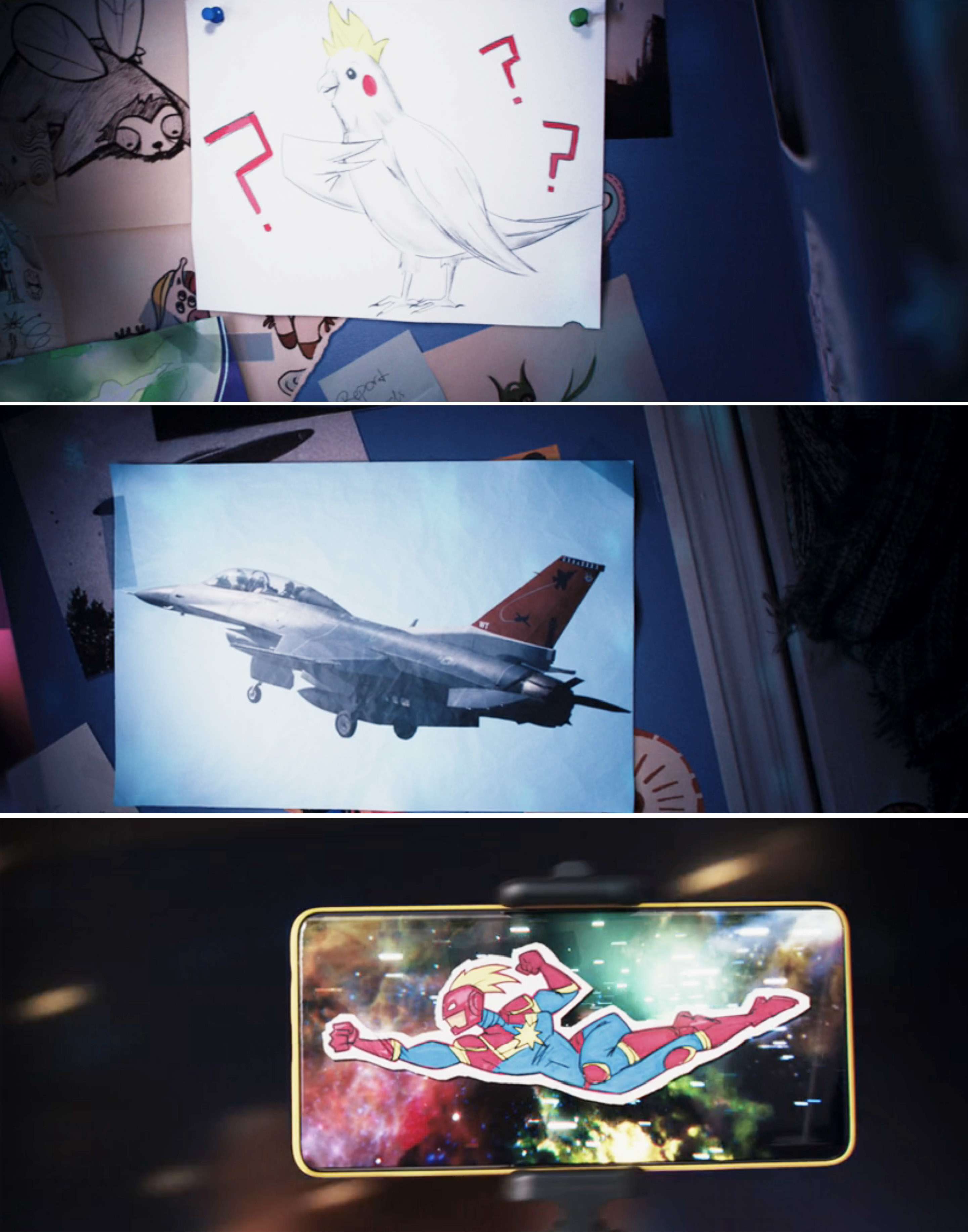 Three images back to back that show a hand-drawn bird, a photo of a real jet, and then a cartoon image of Captain Marvel on a cellphone