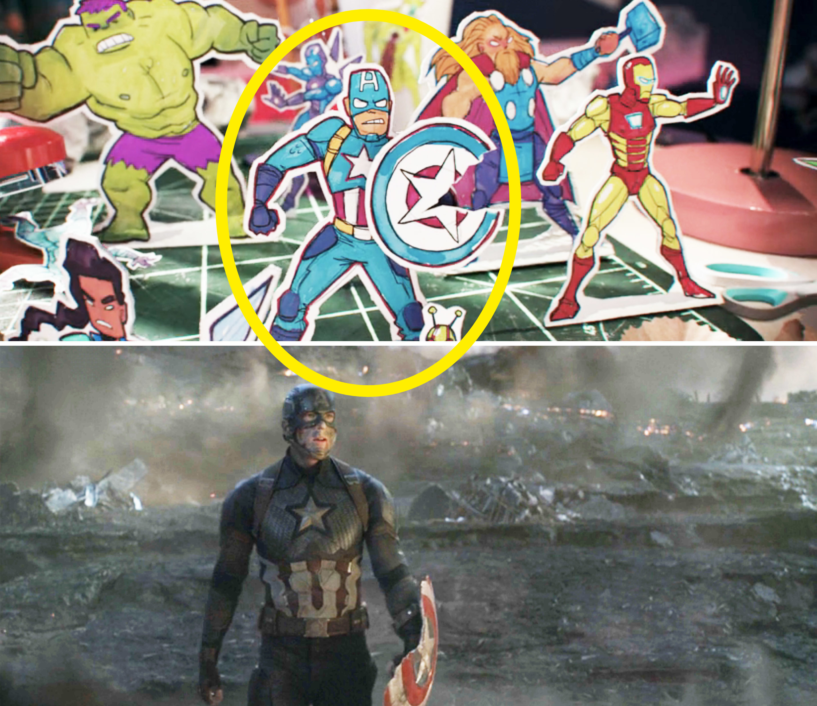 Kamala&#x27;s rendering of Captain America juxtaposed with an image of him from Endgame; in both versions, a triangular chunk is missing from his shield