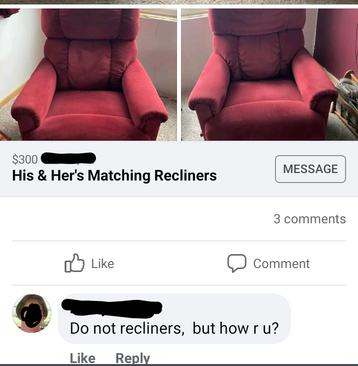 person commenting on a picture of red chairs do not recliners