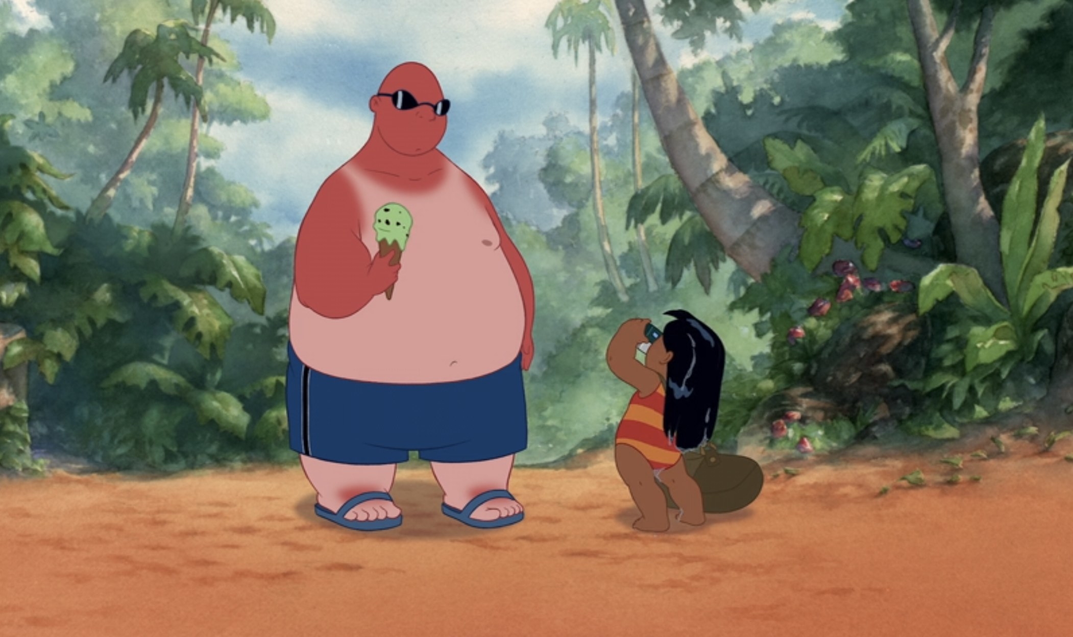 A man with a terrible sunburn in Lilo and Stitch