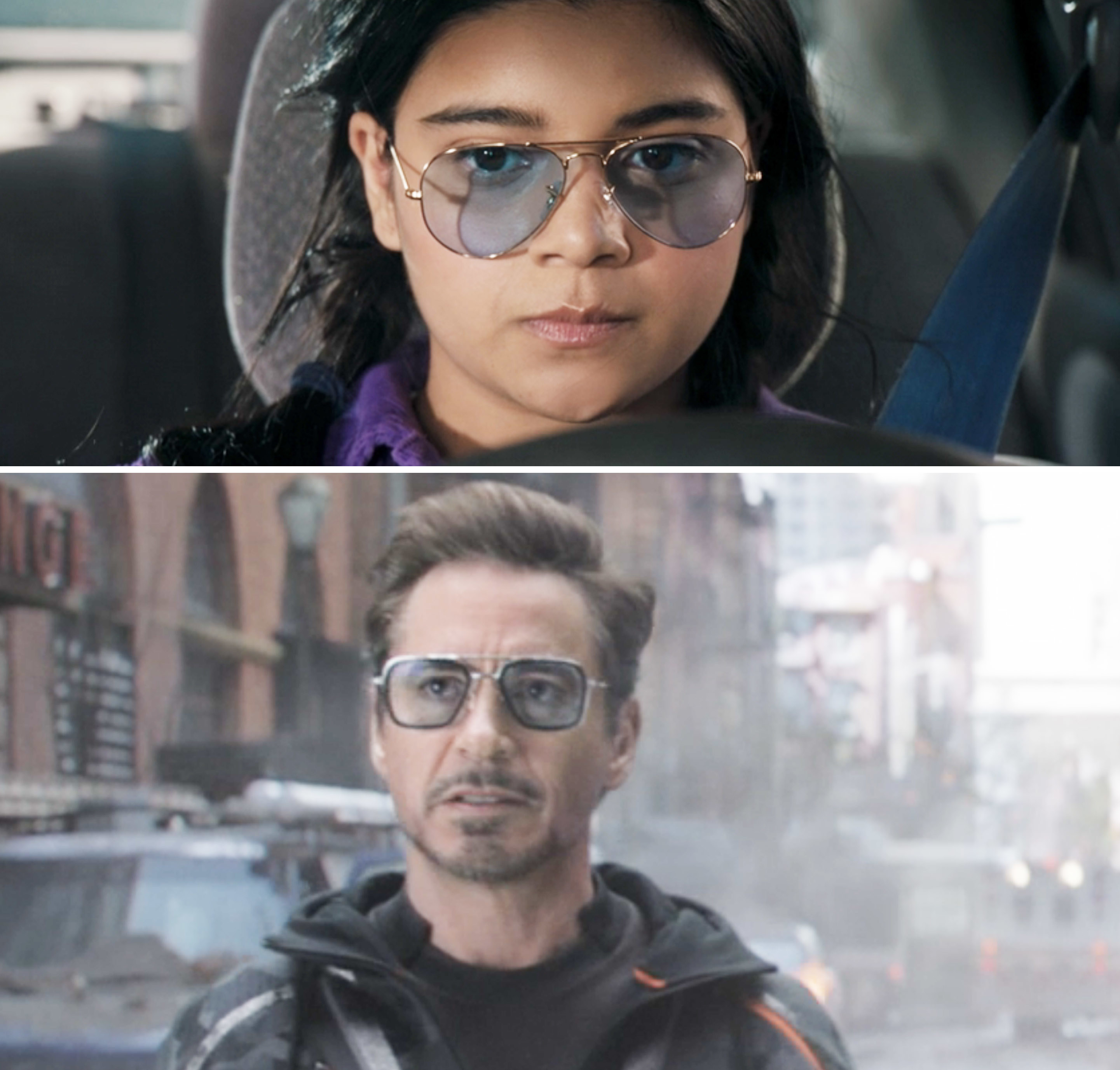Side-by-side photos of Kamala and Tony Stark wearing glasses tinted a similar color
