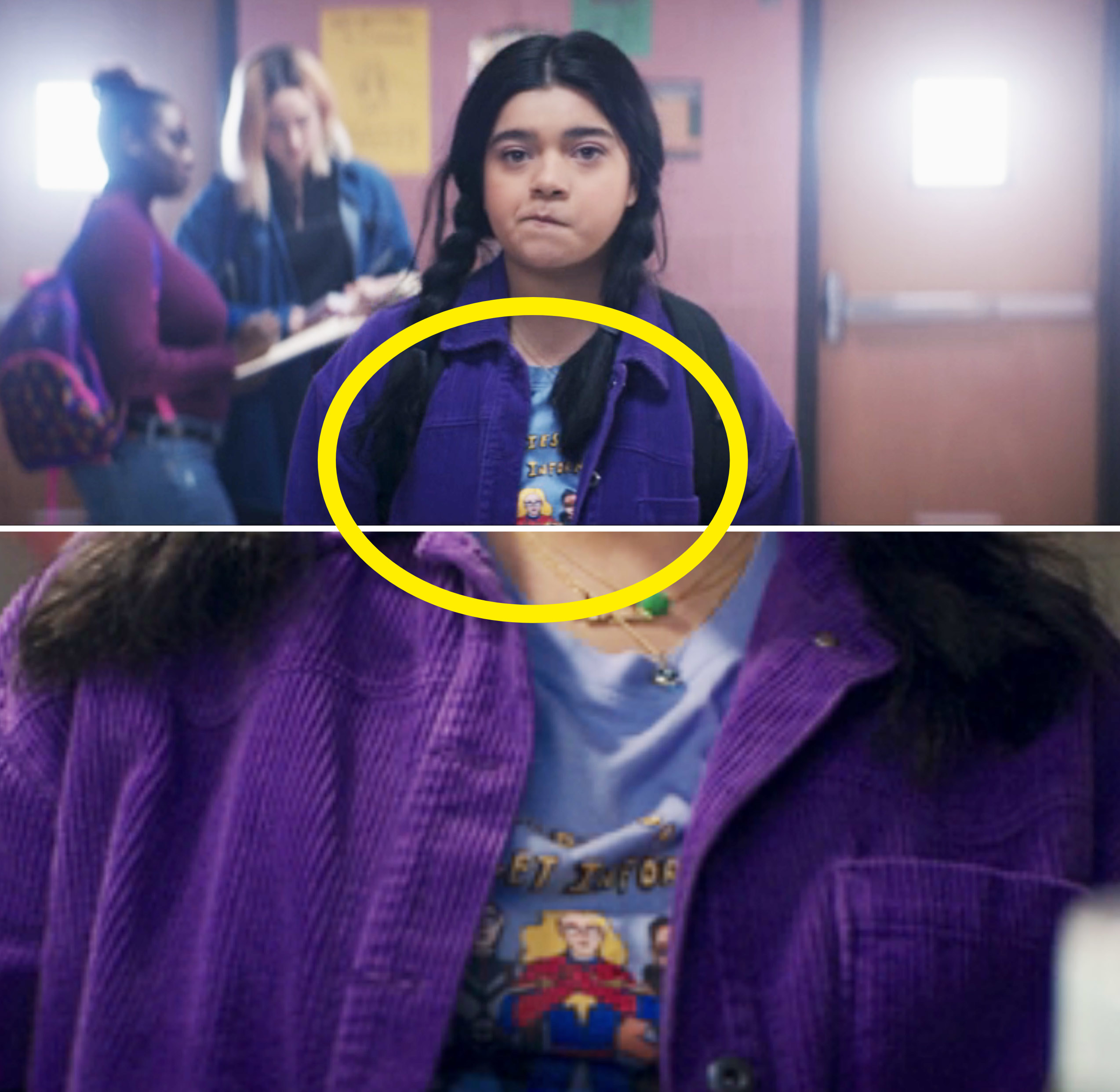 Kamala is wearing a jacket, so only a small bit of her T-shirt underneath is visible, but you can make out Captain Marvel flanked on either side by Wasp and Valkyrie