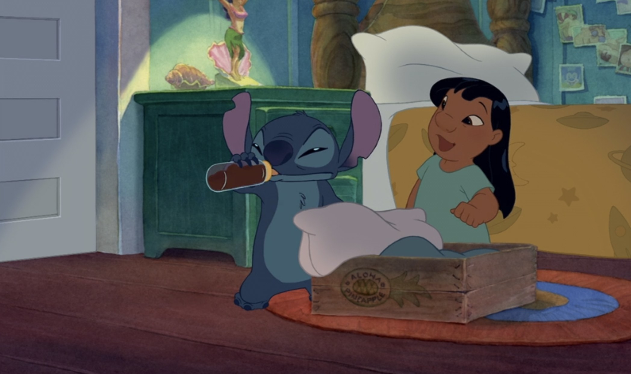 Stitch drinking coffee out of a bottle
