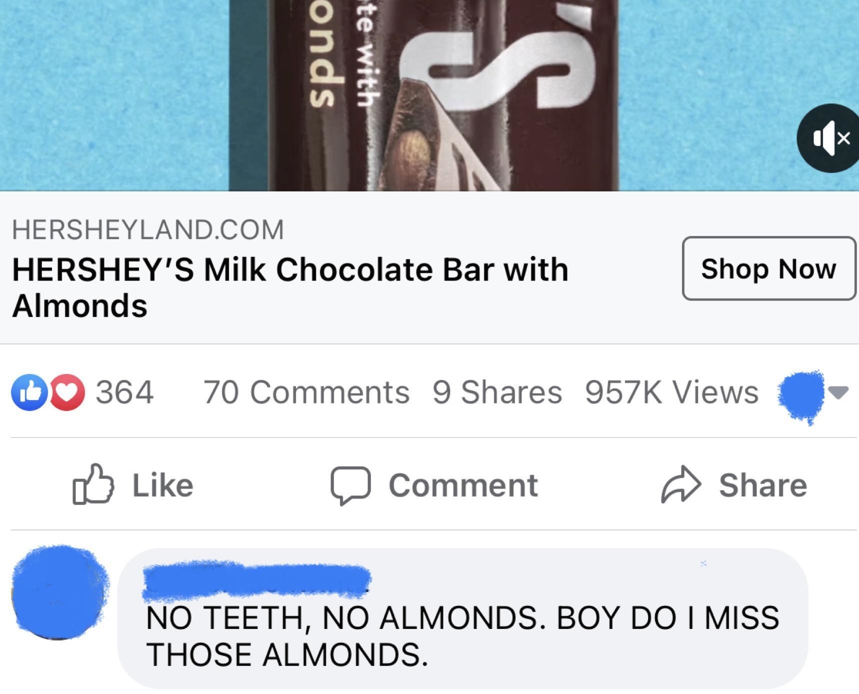 person commenting on a chocolate bar adds that because of the almonds they caant eat it