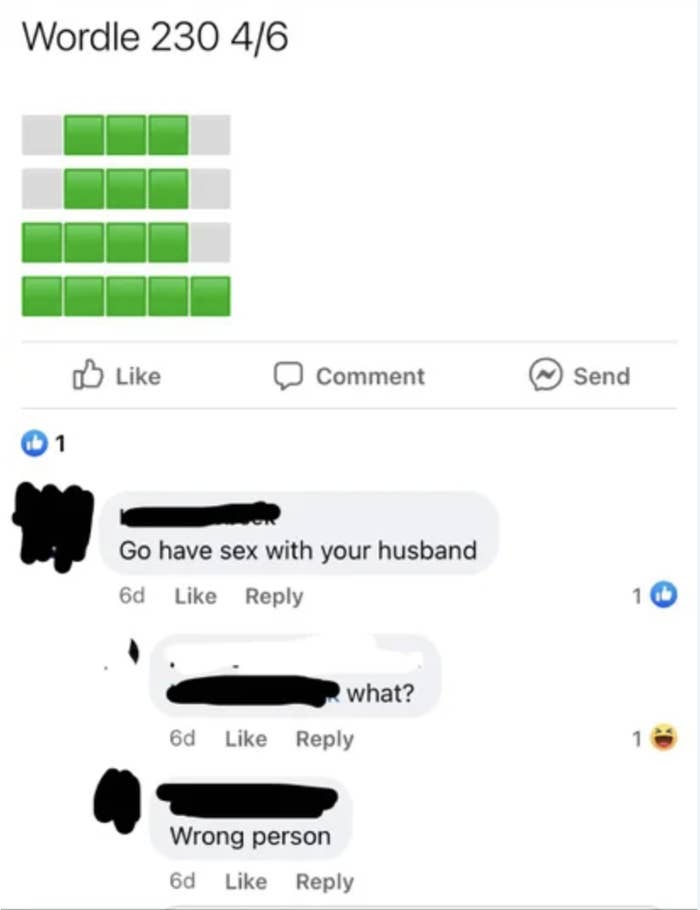person posting a wordle score and someone saying go have sex with your wife