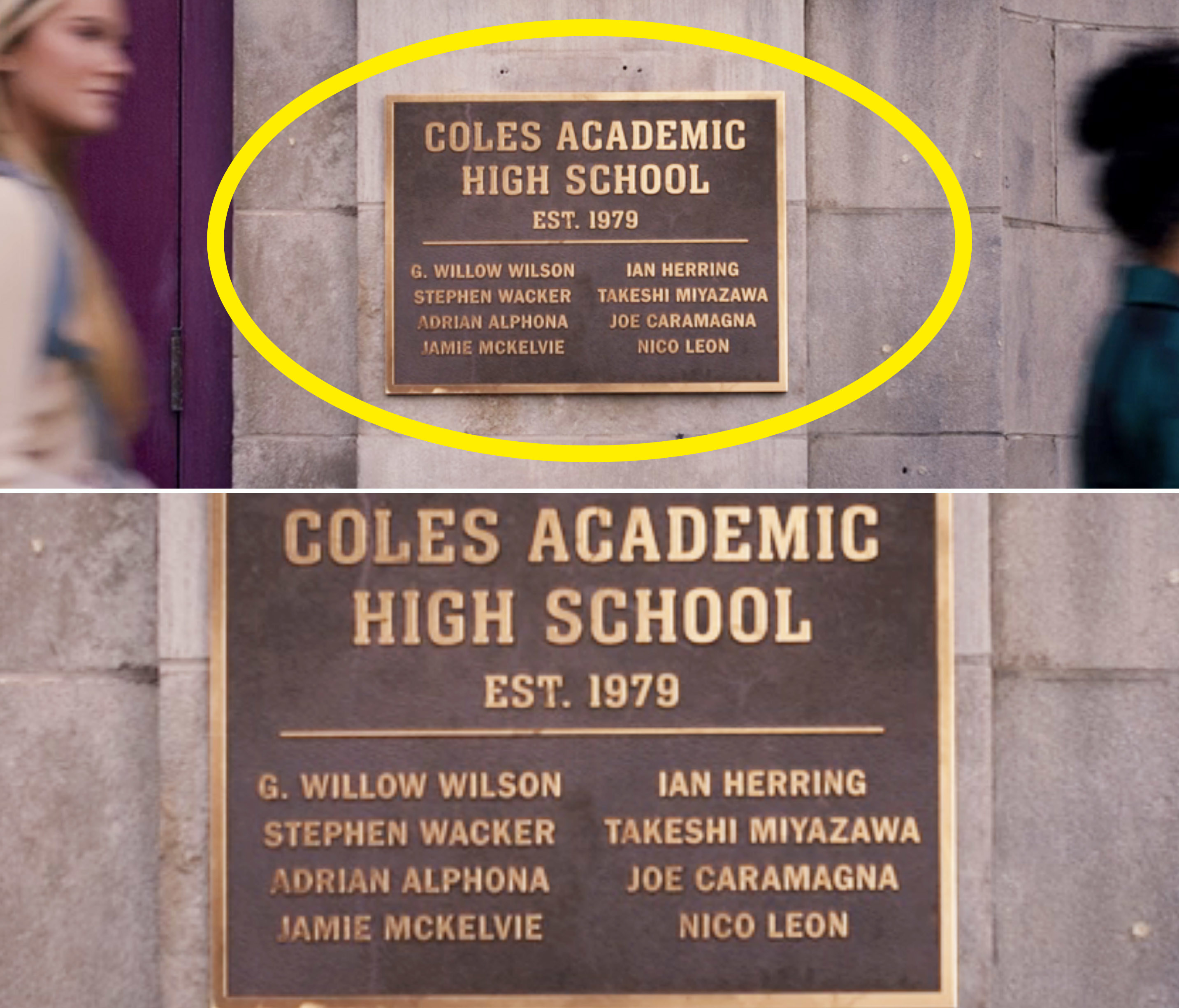 A sign outside the school that has the school's names as well as a list of all the people's names mentioned above