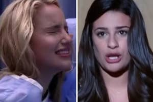 A close up of Quinn Fabray as she gives birth and Rachel Berry as she sings