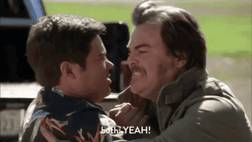 Adam devine and jack black in workaholics both yelling yeah at each other