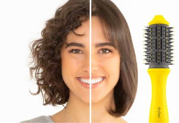 Before and after of model using hair dryer brush