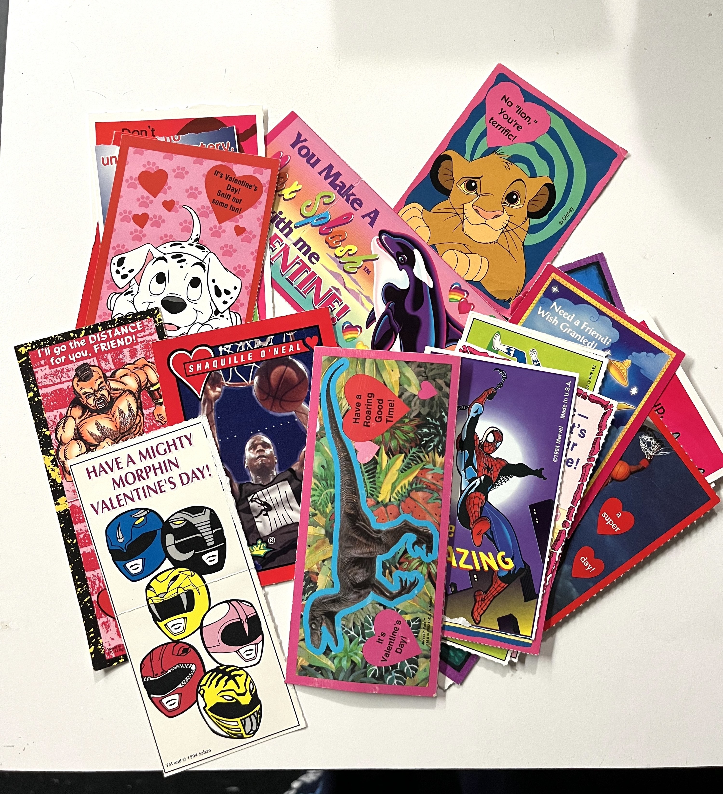 different valentine cards with power rangers, dinosaurs, spider-man