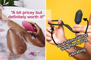 Model in tub with pink clitoral vibrator and model holding black weighted plug