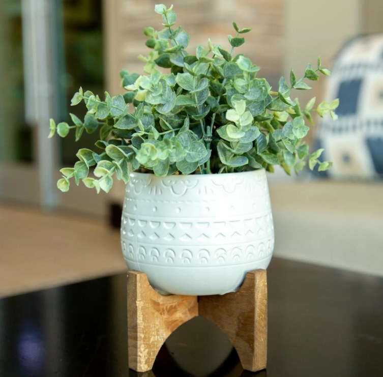 An image of a faux eucalyptus plant in a planter