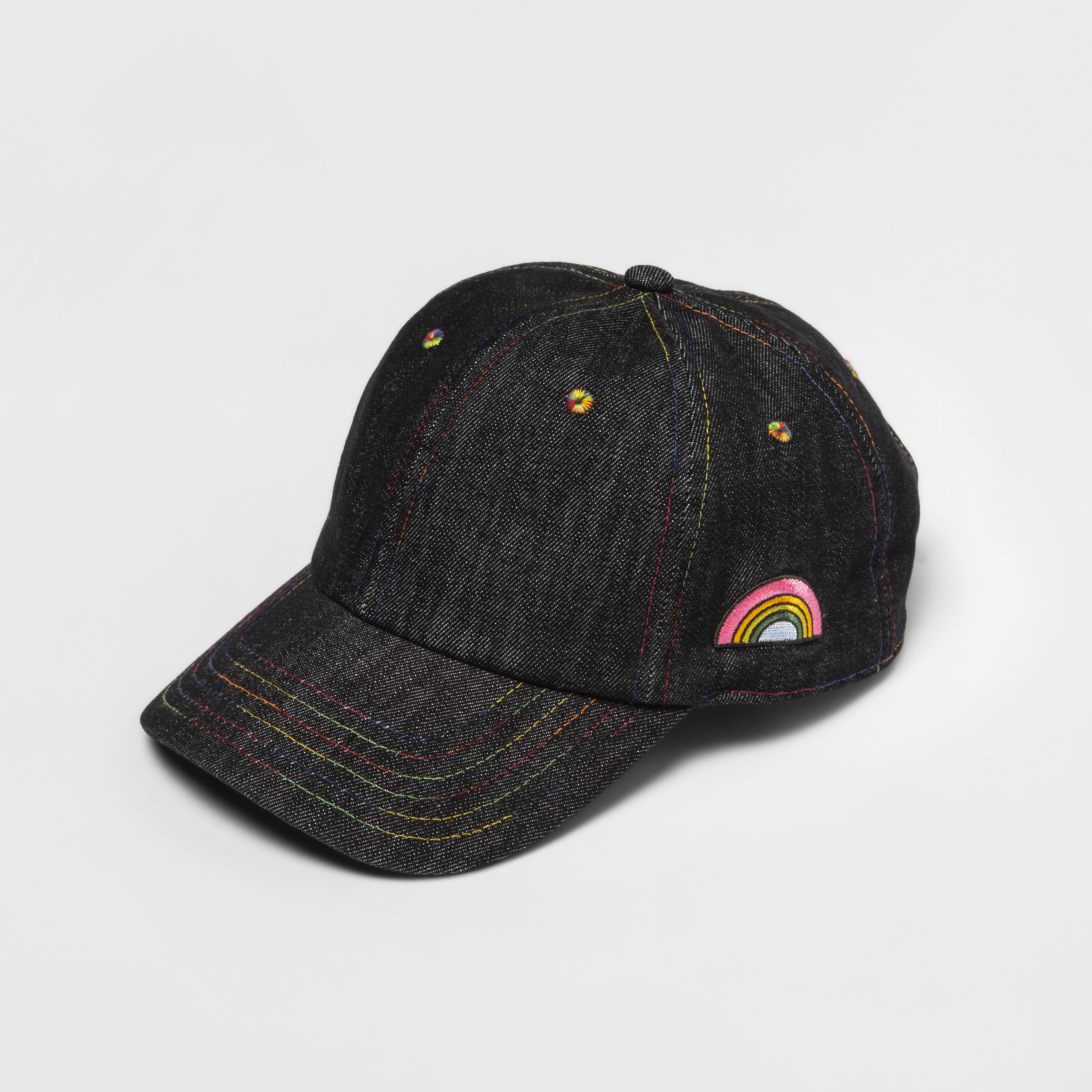 Denim baseball cap with embroidered rainbow on the side